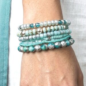 Turquoise Beaded Stretch Bracelet Stack - 7 bracelets